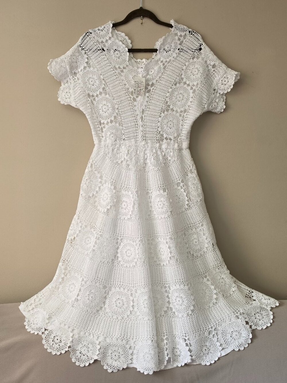 Vintage INES GORDI Italy White Crochet Boho Midi Dress Size M Festival Wedding